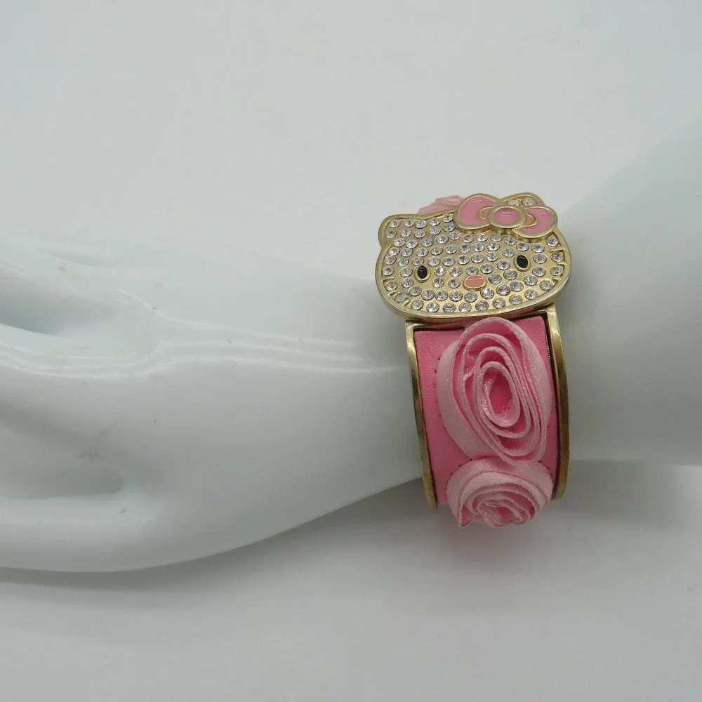 Sanrio Hello Kitty Rhinestone Flip Top Bangle Watch Pink Rosette Gold Tone Y2K